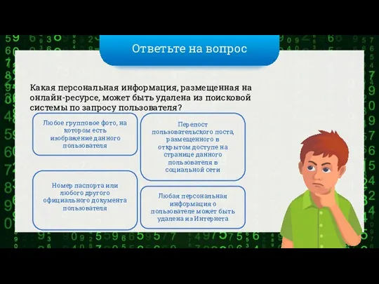 Ответьте на вопрос Какая персональная информация, размещенная на онлайн-ресурсе, может быть удалена