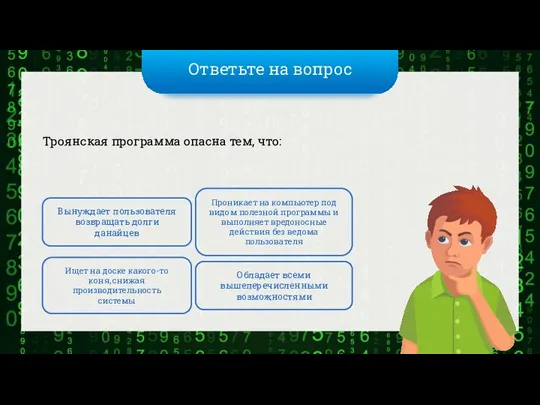 Ответьте на вопрос Троянская программа опасна тем, что: Вынуждает пользователя возвращать долги