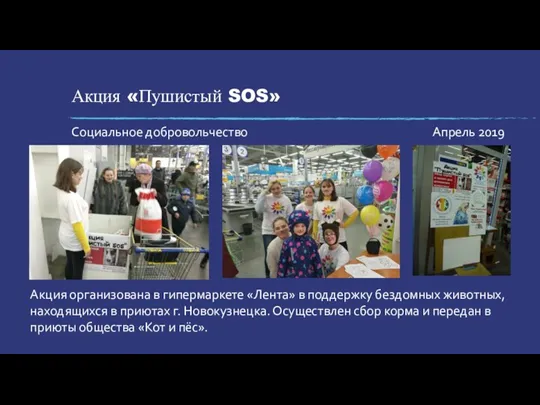 Акция «Пушистый SOS» Социальное добровольчество Апрель 2019 Акция организована в гипермаркете «Лента»