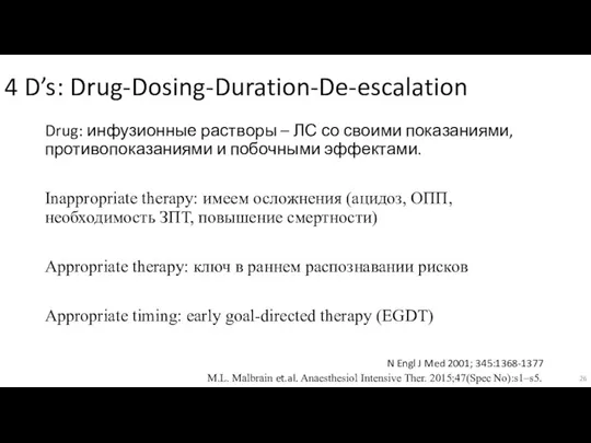 4 D’s: Drug-Dosing-Duration-De-escalation Drug: инфузионные растворы – ЛС со своими показаниями, противопоказаниями