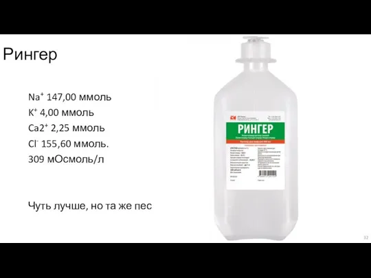 Рингер Na+ 147,00 ммоль K+ 4,00 ммоль Ca2+ 2,25 ммоль Cl- 155,60