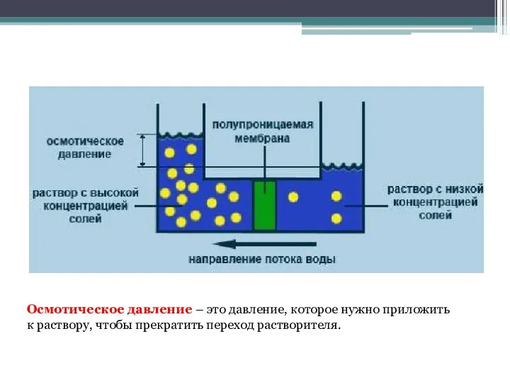 Осмотическое давление – это давление, которое нужно приложить к раствору, чтобы прекратить переход растворителя.