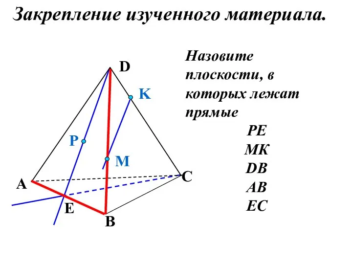 Назовите плоскости, в которых лежат прямые РЕ МК DB AB EC P