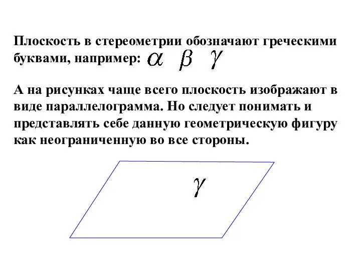 Плоскость в стереометрии обозначают греческими буквами, например: А на рисунках чаще всего