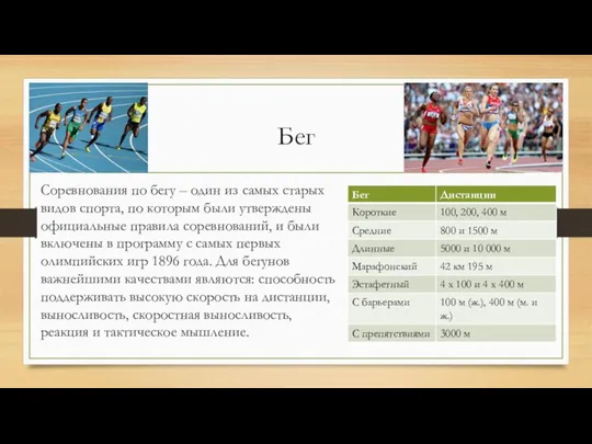 Бег Соревнования по бегу – один из самых старых видов спорта, по