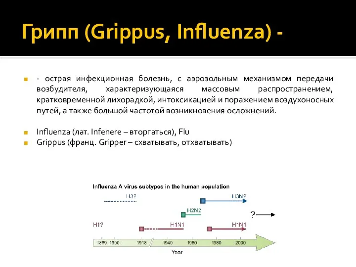 Грипп (Grippus, Influenza) - - острая инфекционная болезнь, с аэрозольным механизмом передачи