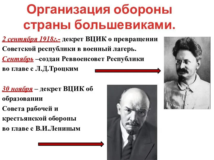 Организация обороны страны большевиками. 2 сентября 1918г.- декрет ВЦИК о превращении Советской