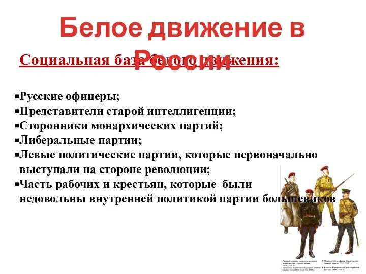 Социальная база белого движения: Русские офицеры; Представители старой интеллигенции; Сторонники монархических партий;