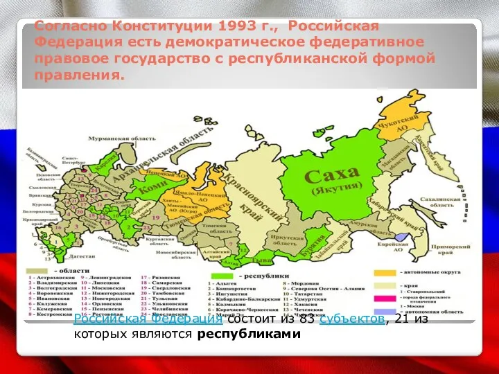 Согласно Конституции 1993 г., Российская Федерация есть демократическое федеративное правовое государство с