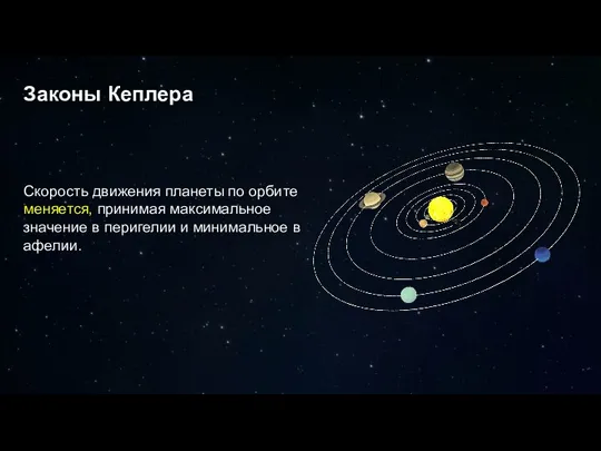 Законы Кеплера Скорость движения планеты по орбите меняется, принимая максимальное значение в