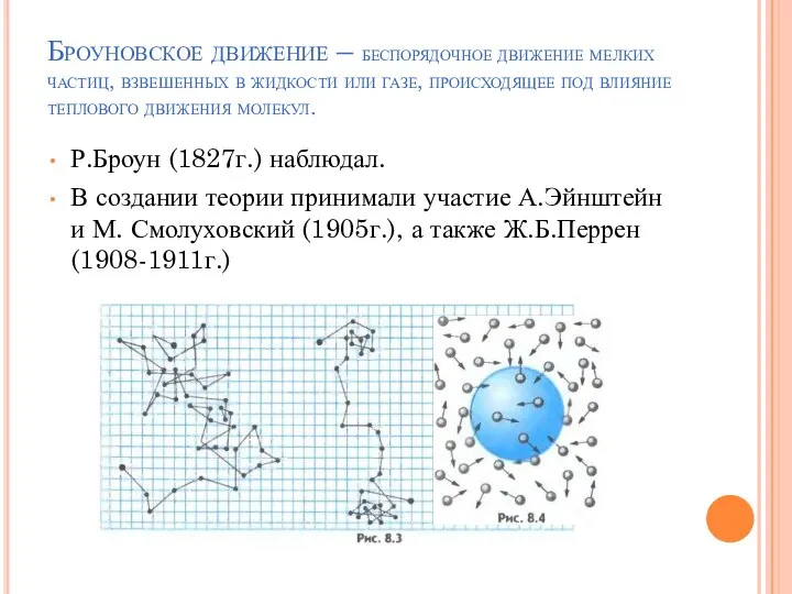 Броуновское движение – беспорядочное движение мелких частиц, взвешенных в жидкости или газе,