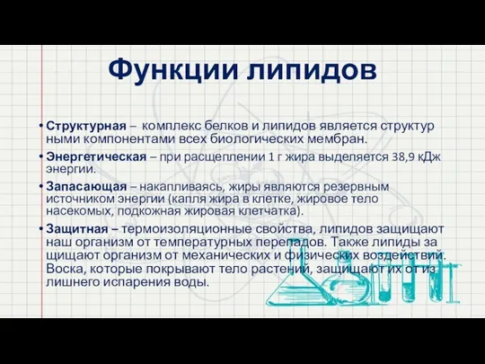 Функции липидов Структурная – ком­плек­с бел­ков и ли­пи­дов яв­ля­ет­ся струк­тур­ны­ми ком­по­нен­та­ми всех