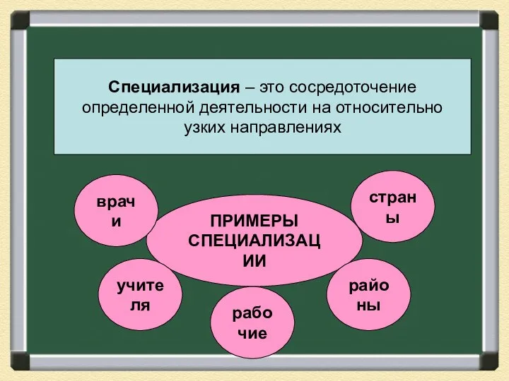 Специализация – это сосредоточение определенной деятельности на относительно узких направлениях ПРИМЕРЫ СПЕЦИАЛИЗАЦИИ