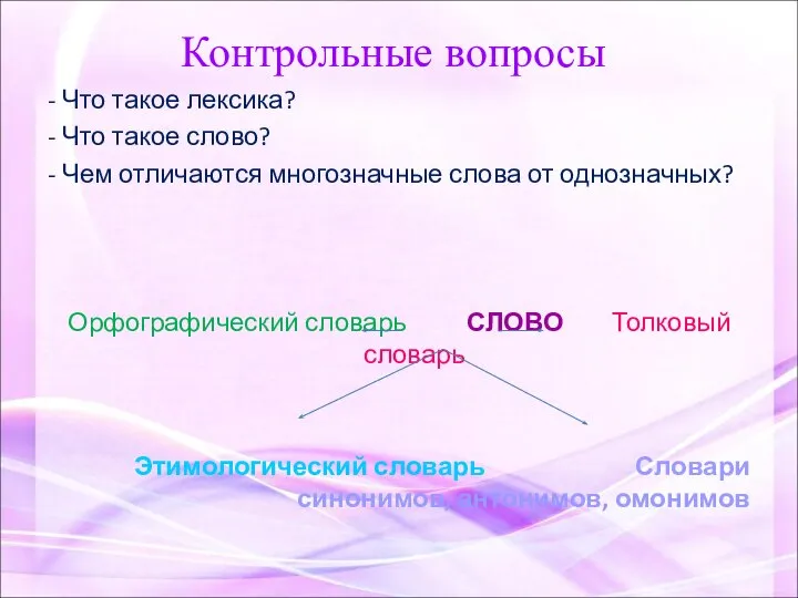 Контрольные вопросы - Что такое лексика? - Что такое слово? - Чем