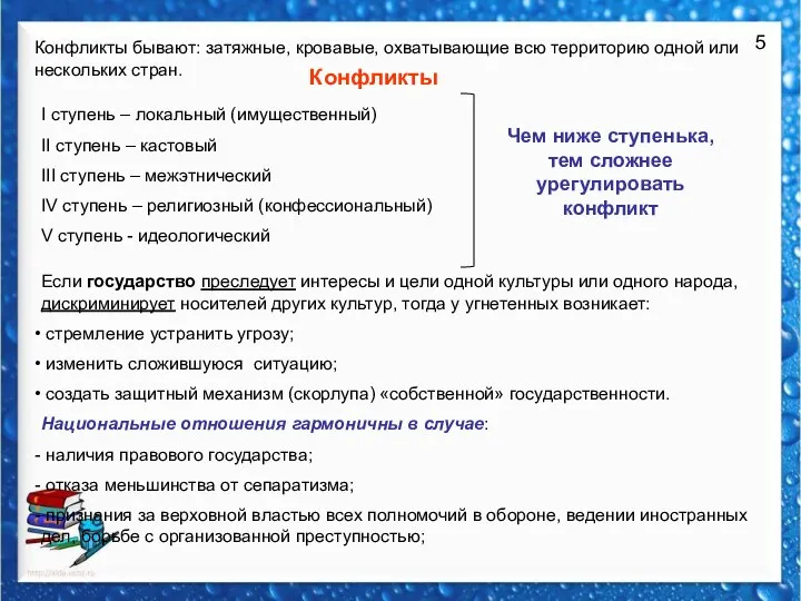 5 Конфликты бывают: затяжные, кровавые, охватывающие всю территорию одной или нескольких стран.