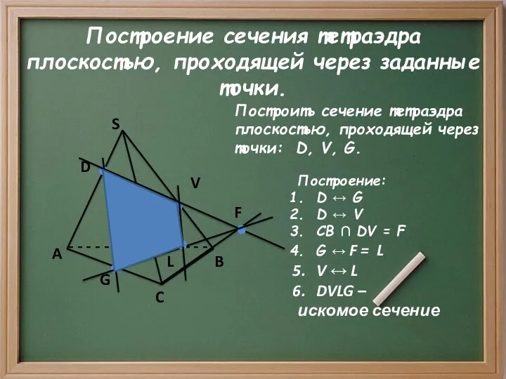 Построение сечения тетраэдра плоскостью, проходящей через заданные точки. Построить сечение тетраэдра плоскостью,