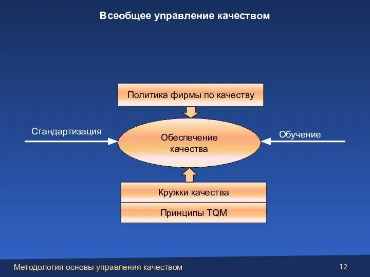 Политика фирмы по качеству Кружки качества Принципы TQM Обеспечение качества Стандартизация Обучение Всеобщее управление качеством