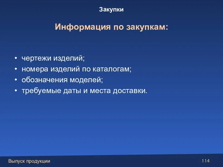 чертежи изделий; номера изделий по каталогам; обозначения моделей; требуемые даты и места