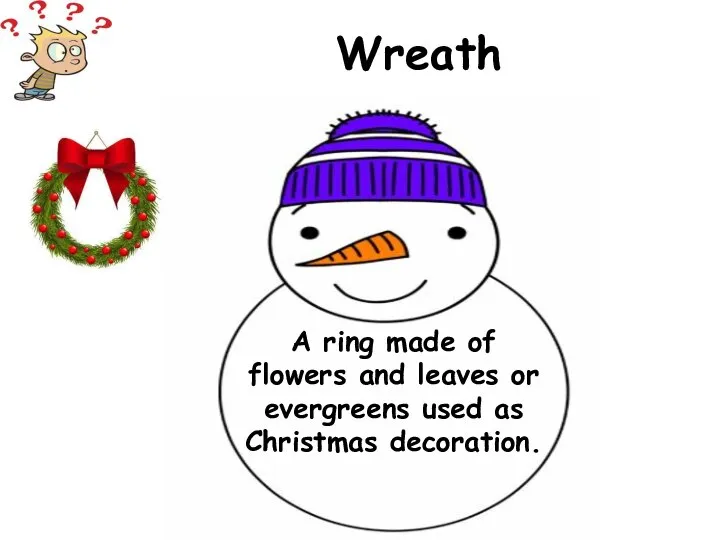 A ring made of flowers and leaves or evergreens used as Christmas decoration. Wreath