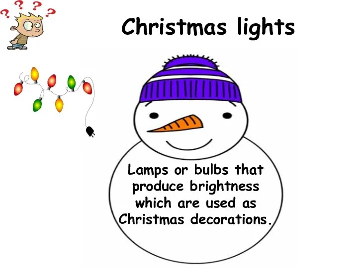 Lamps or bulbs that produce brightness which are used as Christmas decorations. Christmas lights