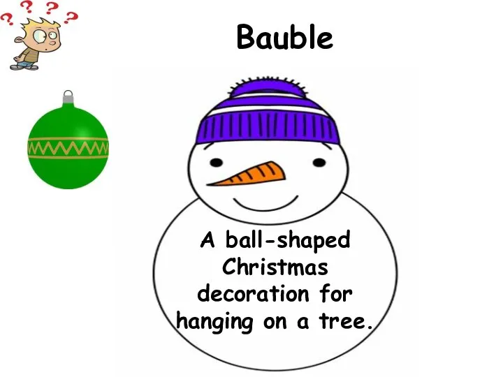 A ball-shaped Christmas decoration for hanging on a tree. Bauble