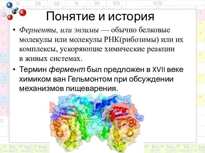 Понятие и история Ферменты, или энзимы — обычно белковые молекулы или молекулы