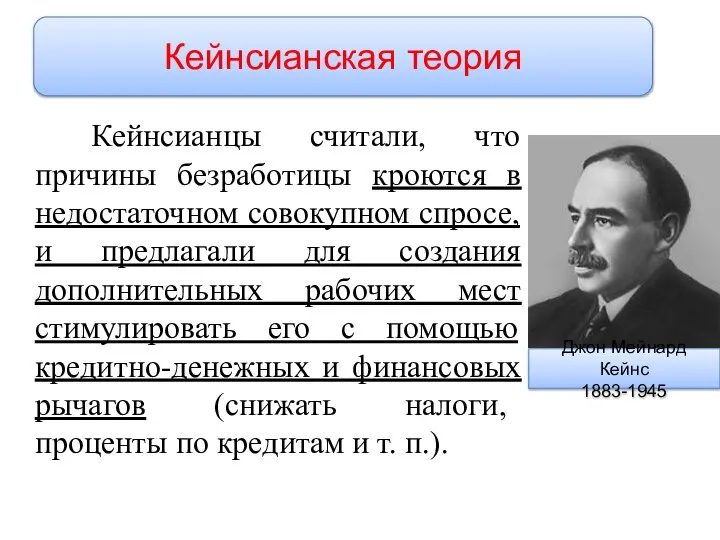 Кейнсианцы считали, что причины безработицы кроются в недостаточном совокупном спросе, и предлагали