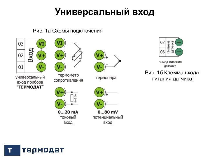 / 13 Универсальный вход / 23 Рис. 1а Схемы подключения Рис. 1б Клемма входа питания датчика