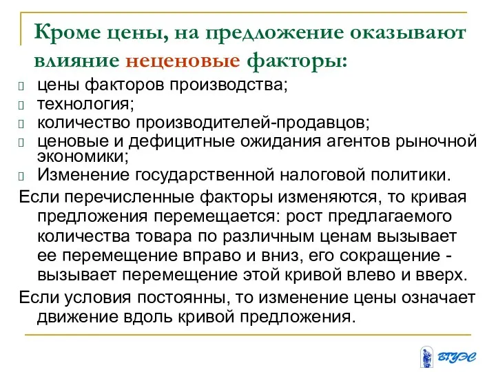 Кроме цены, на предложение оказывают влияние неценовые факторы: цены факторов производства; технология;