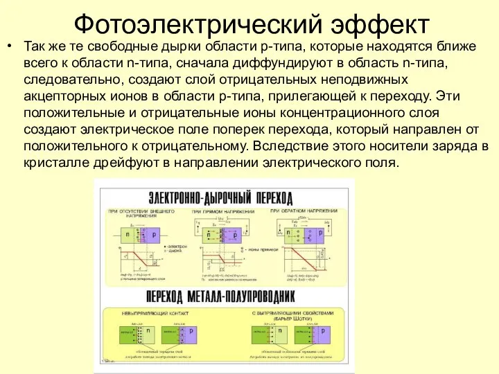 Фотоэлектрический эффект Так же те свободные дырки области р-типа, которые находятся ближе