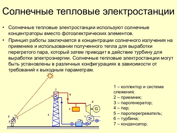 Солнечные тепловые электростанции Солнечные тепловые электростанции используют солнечные концентраторы вместо фотоэлектрических элементов.