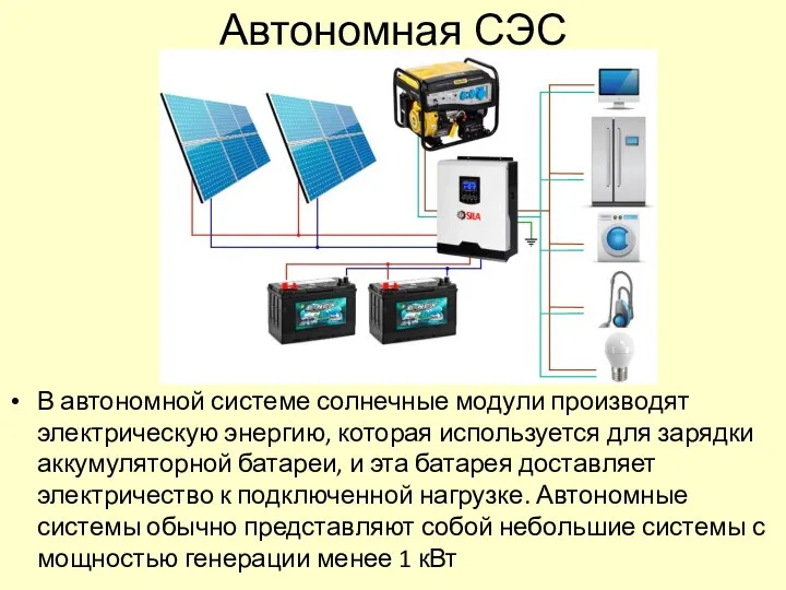 Автономная СЭС В автономной системе солнечные модули производят электрическую энергию, которая используется