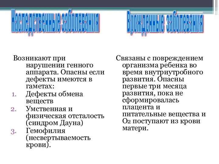 Возникают при нарушении генного аппарата. Опасны если дефекты имеются в гаметах: Дефекты