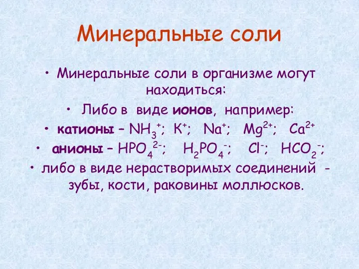 Минеральные соли Минеральные соли в организме могут находиться: Либо в виде ионов,