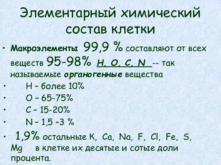 Элементарный химический состав клетки Макроэлементы 99,9 % составляют от всех веществ 95-98%