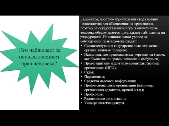 Кто наблюдает за осуществлением прав человека? Разумеется, простого перечисления свода правил недостаточно