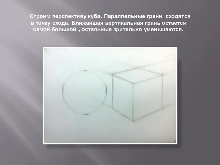 Строим перспективу куба. Параллельные грани сходятся в точку схода. Ближайшая вертикальная грань