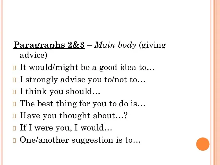 Paragraphs 2&3 – Main body (giving advice) It would/might be a good