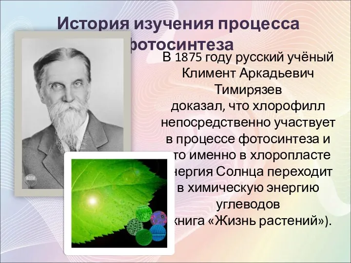 В 1875 году русский учёный Климент Аркадьевич Тимирязев доказал, что хлорофилл непосредственно