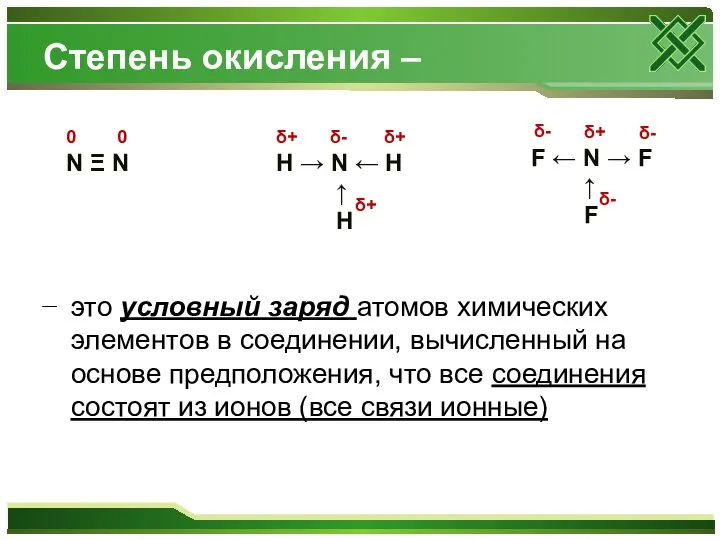 Степень окисления – это условный заряд атомов химических элементов в соединении, вычисленный