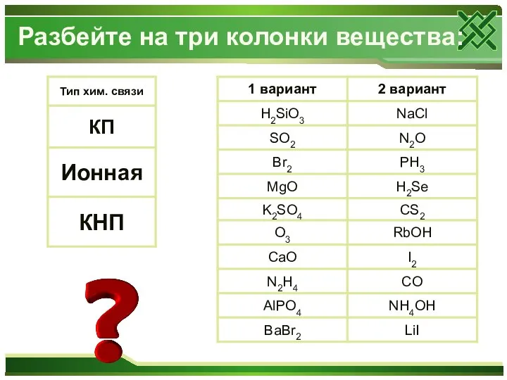 Разбейте на три колонки вещества: