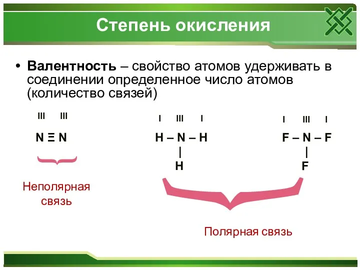 Степень окисления Валентность – свойство атомов удерживать в соединении определенное число атомов