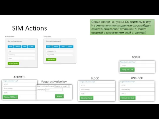 SIM Actions ACTIVATE BLOCK UNBLOCK TOPUP Синие кнопки не нужны. См примеры