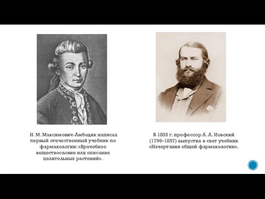 Н. М. Максимович-Амбодик написал первый отечественный учебник по фармакологии: «Врачебное веществословие или