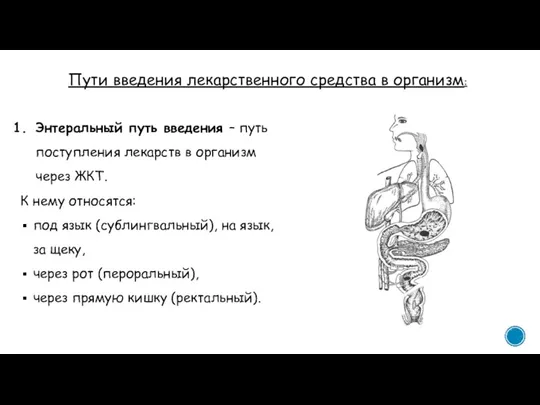 Пути введения лекарственного средства в организм: Энтеральный путь введения – путь поступления