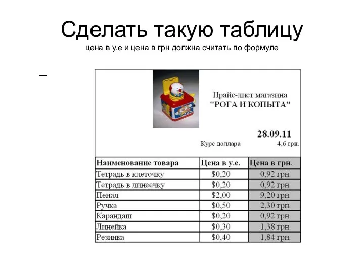 Сделать такую таблицу цена в у.е и цена в грн должна считать по формуле