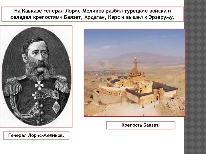 На Кавказе генерал Лорис-Меликов разбил турецкие войска и овладел крепостями Баязет, Ардаган,