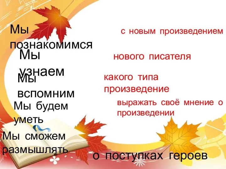 Мы познакомимся с новым произведением Мы узнаем нового писателя Мы вспомним какого