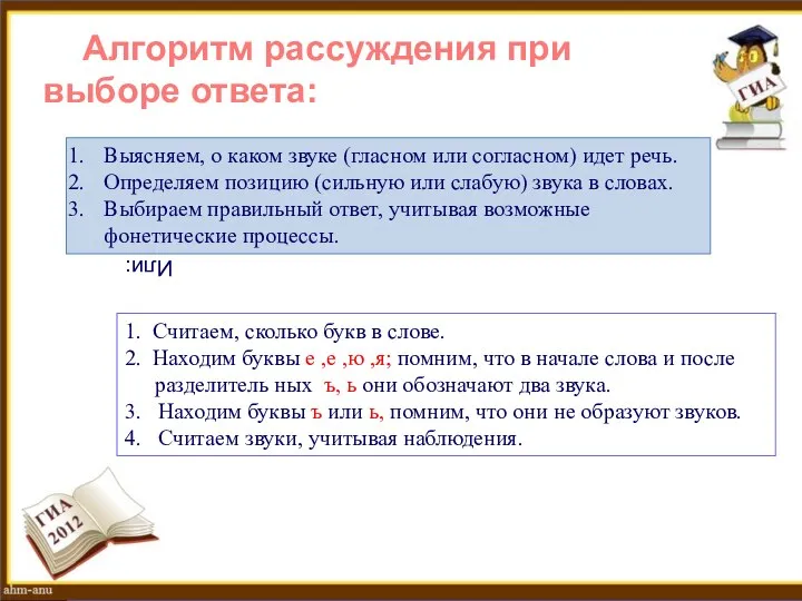 Алгоритм рассуждения при выборе ответа: Выясняем, о каком звуке (гласном или согласном)