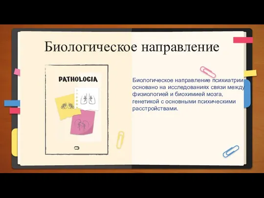 Биологическое направление Биологическое направление психиатрии основано на исследованиях связи между физиологией и